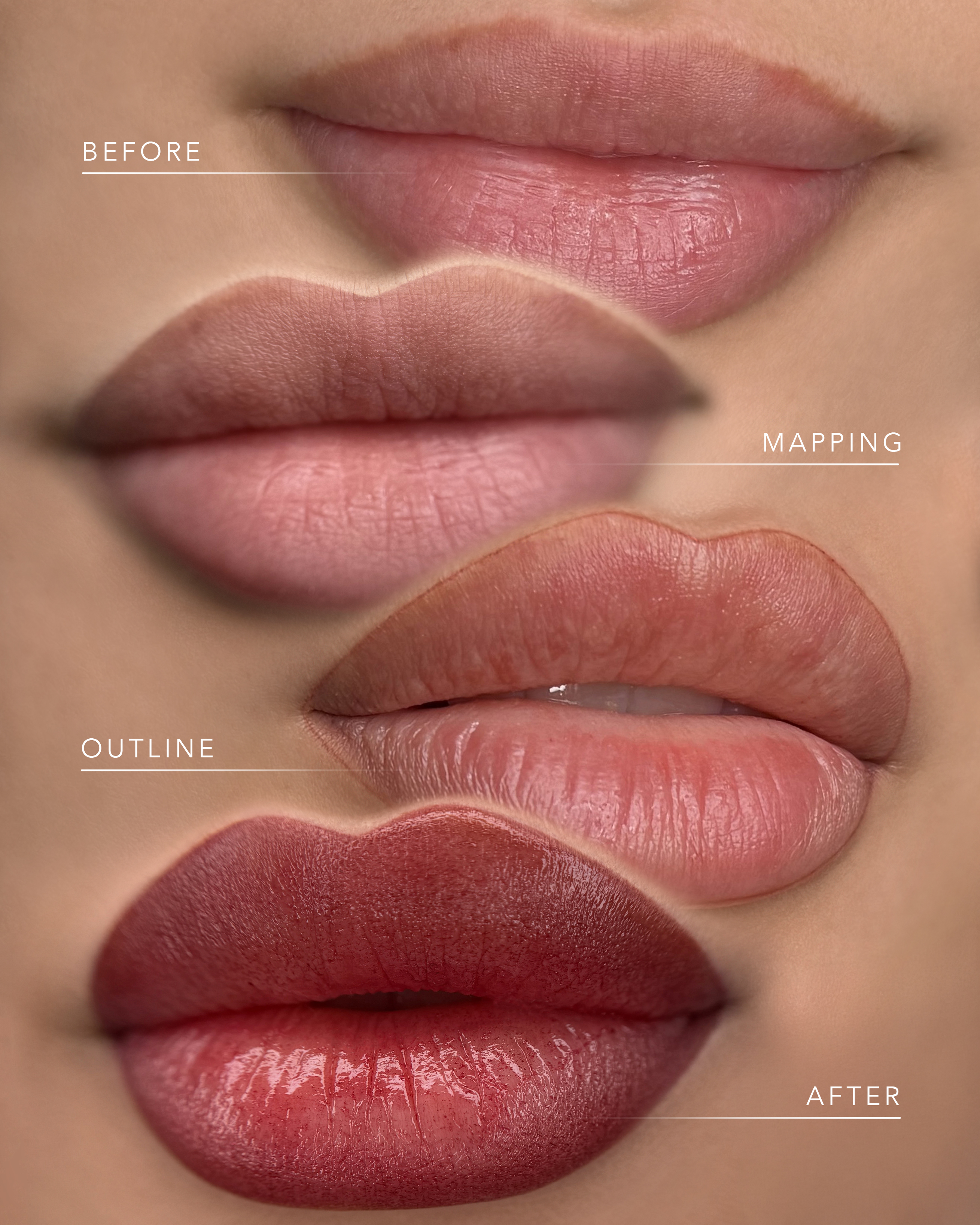 Processo de micropigmentação labial - Before, Mapping, Outline, After